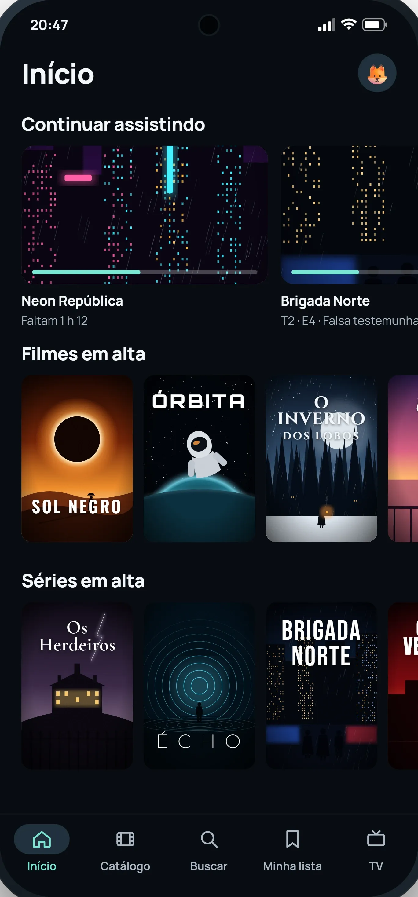 Início do ModelTV num celular: continuar assistindo e filmes em alta