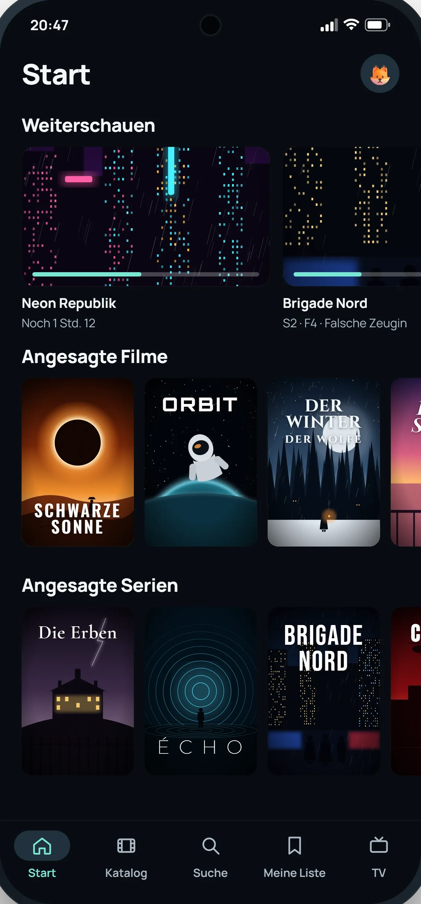 ModelTV-Startseite auf einem Smartphone: Weiterschauen und Filme im Trend