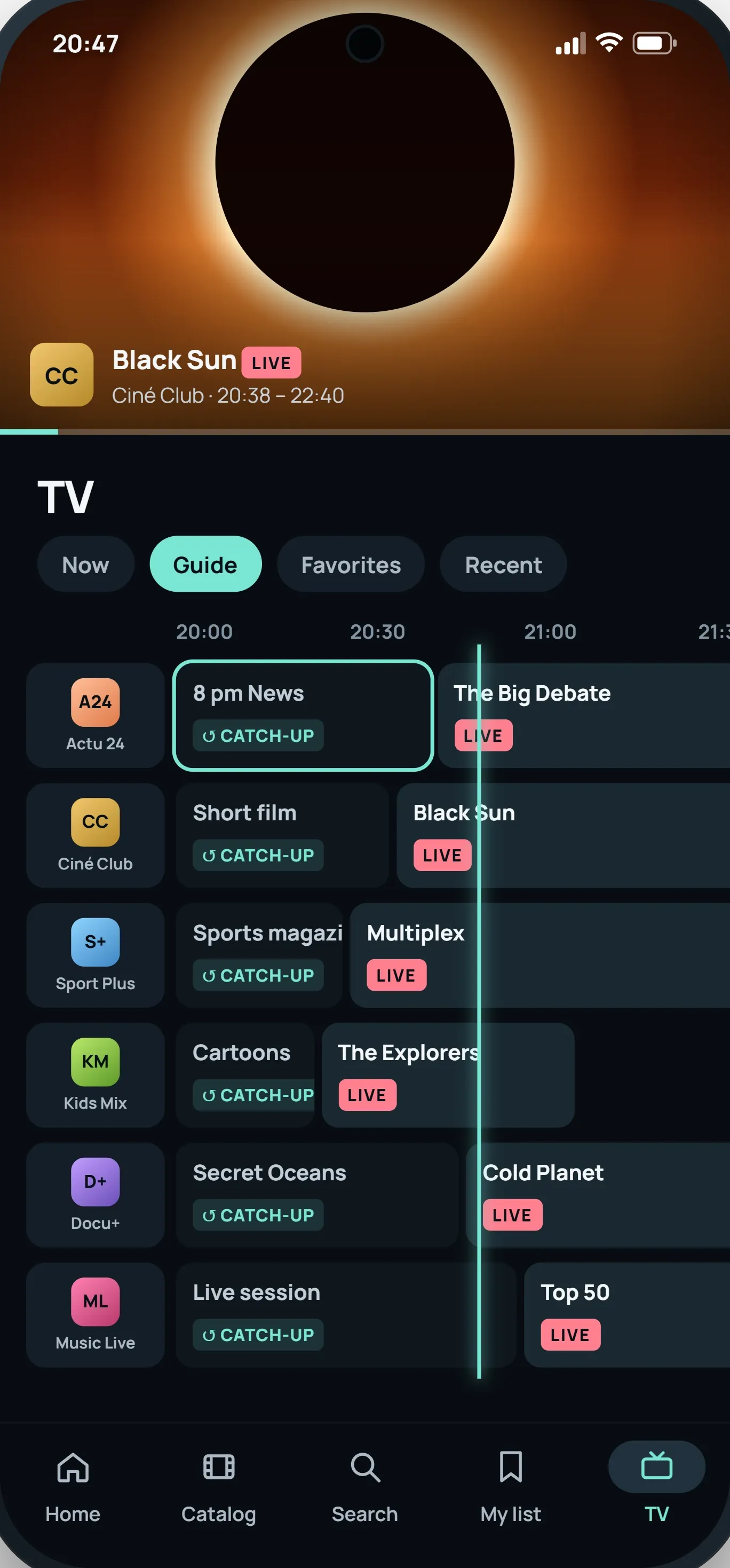 On a phone, live TV with the program guide