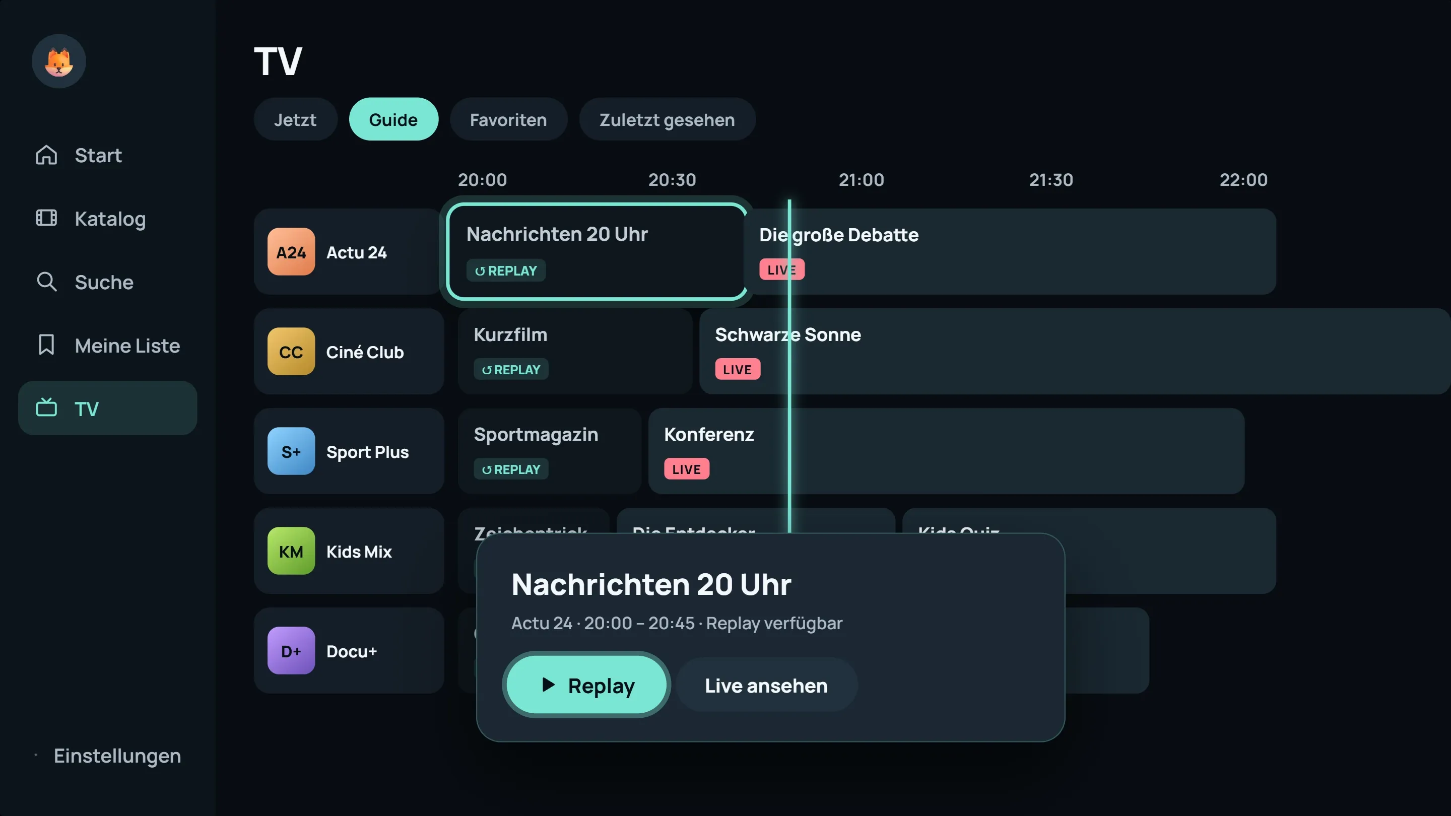 ModelTV-TV-Guide: Programmraster mit Replay- und Live-Kennzeichnung