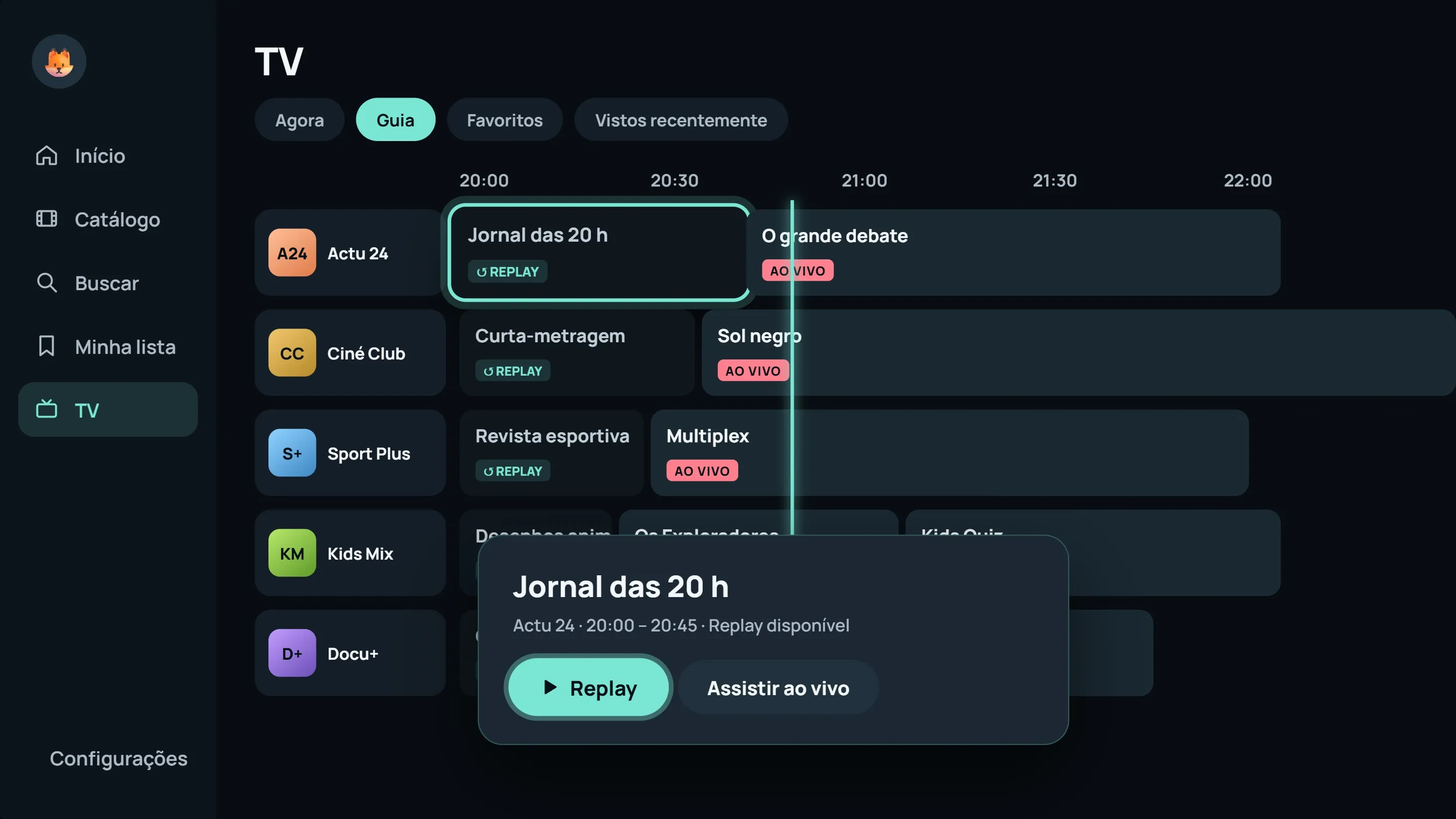 Guia de TV do ModelTV: grade de programas com selos Replay e Ao vivo