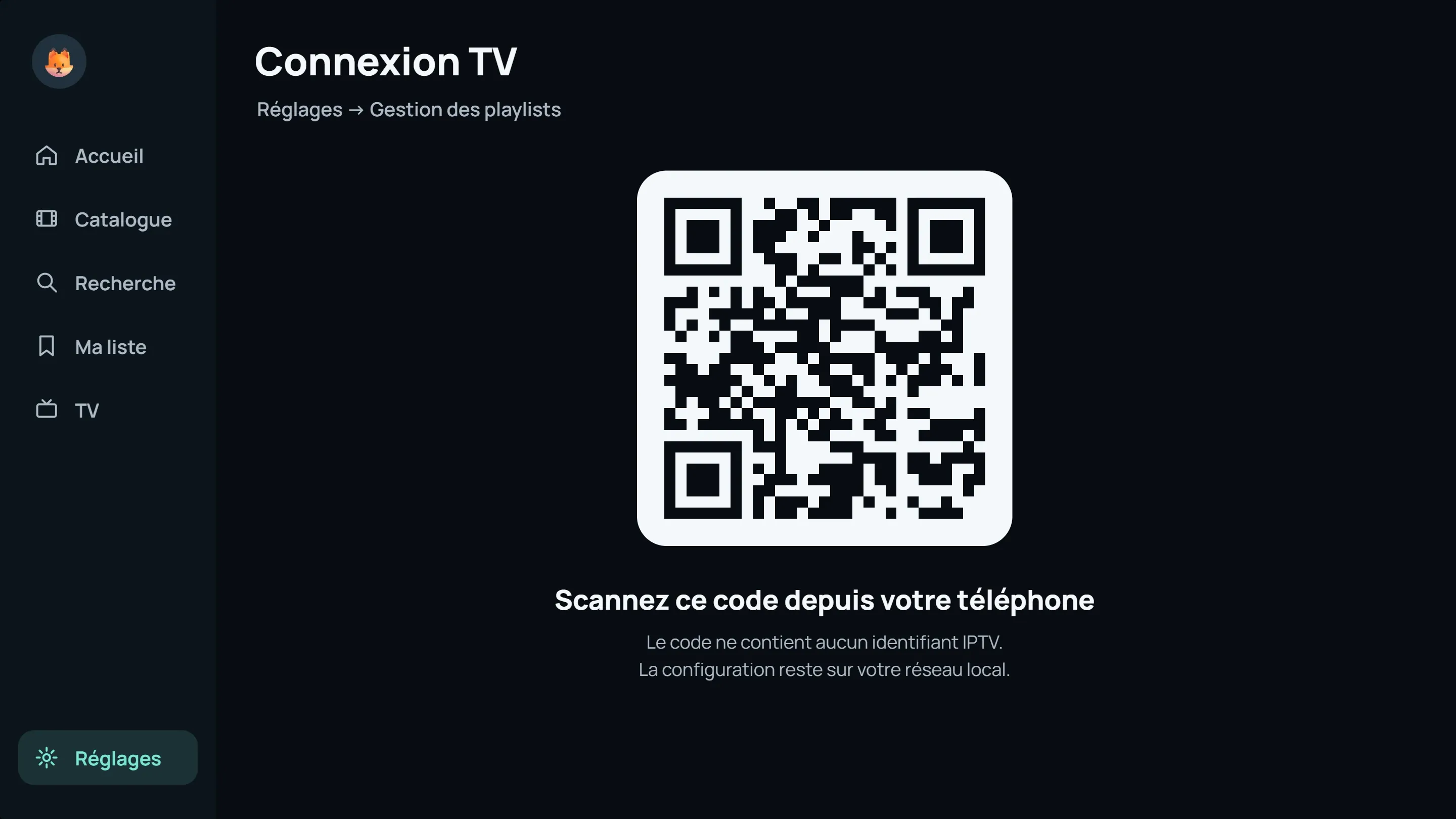 Écran Connexion TV avec un QR code à scanner depuis le téléphone