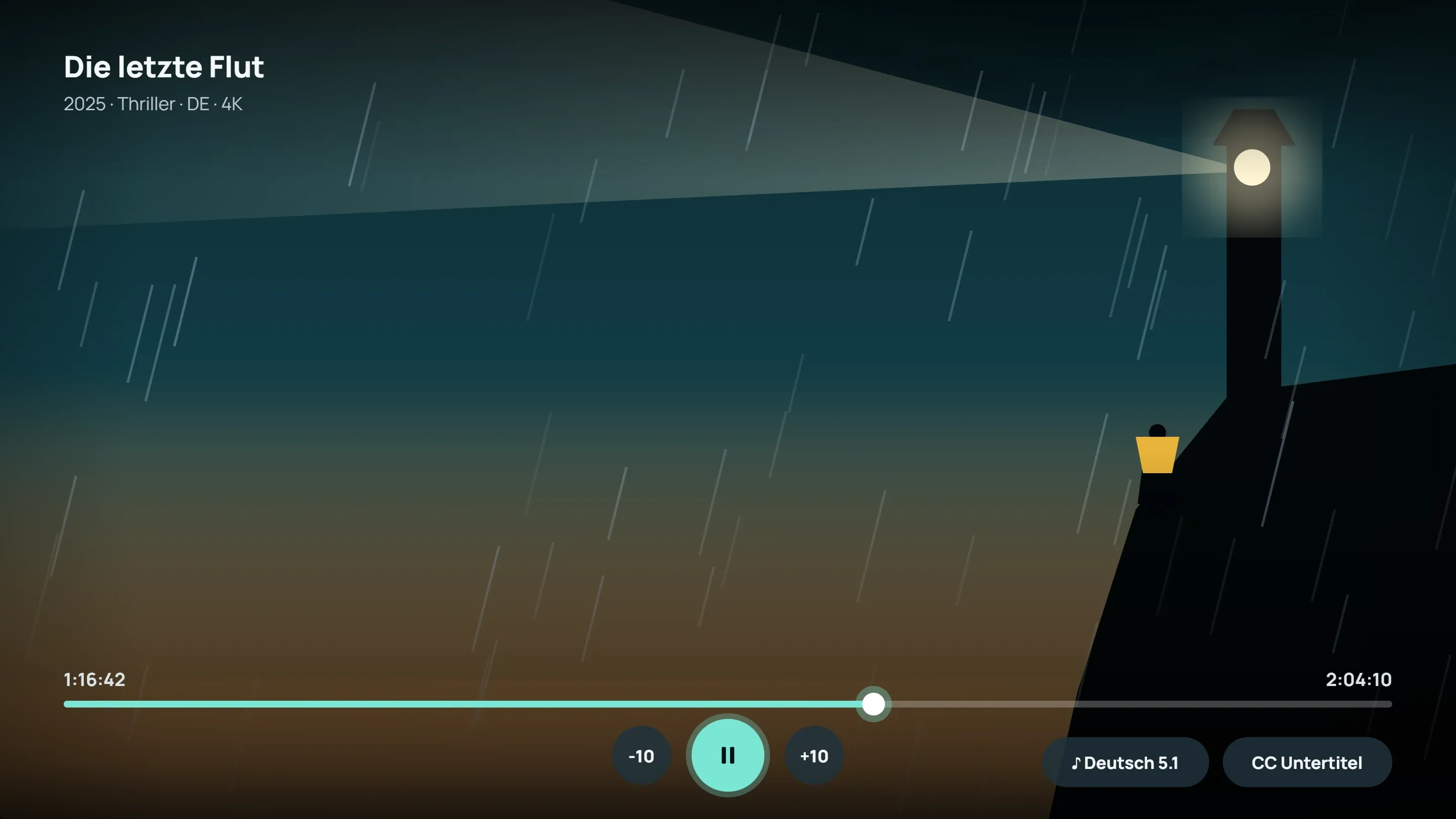 Videoplayer im Vollbild mit Fortschrittsleiste, Tonspuren und Untertiteln